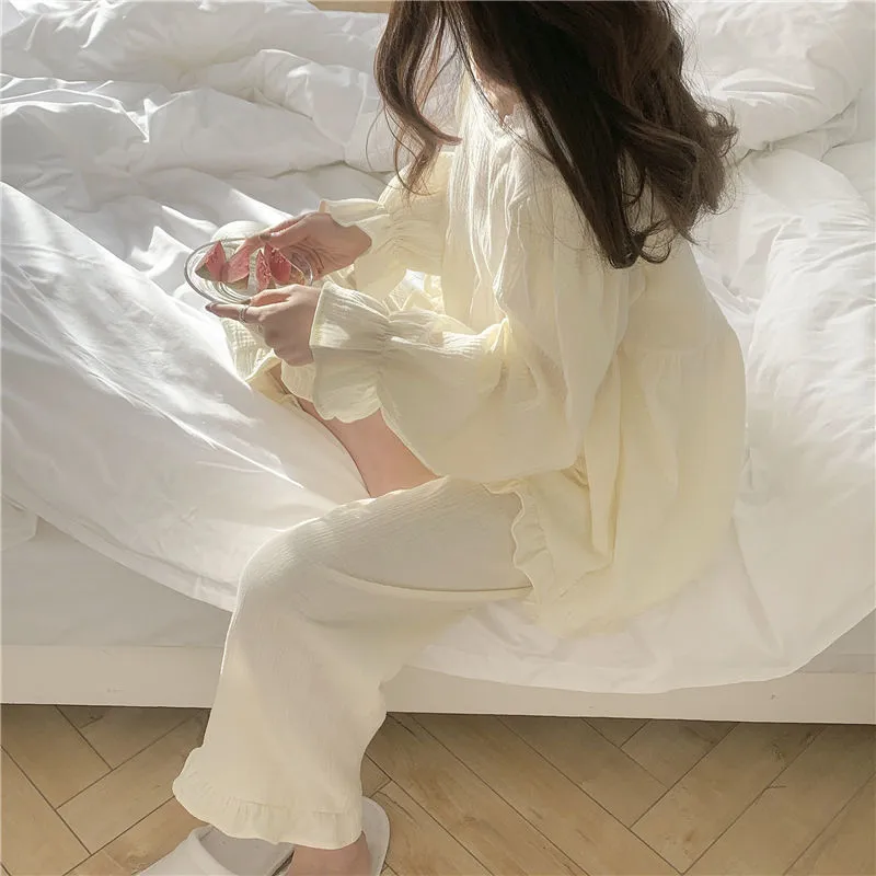 Joskaa Christmas Gift Pajama Sets Women Korean Loose Casual Long Sleeve Sleepwear Ruffles Sweet Soft High Quality Womens Homewear Tender Solid Chic