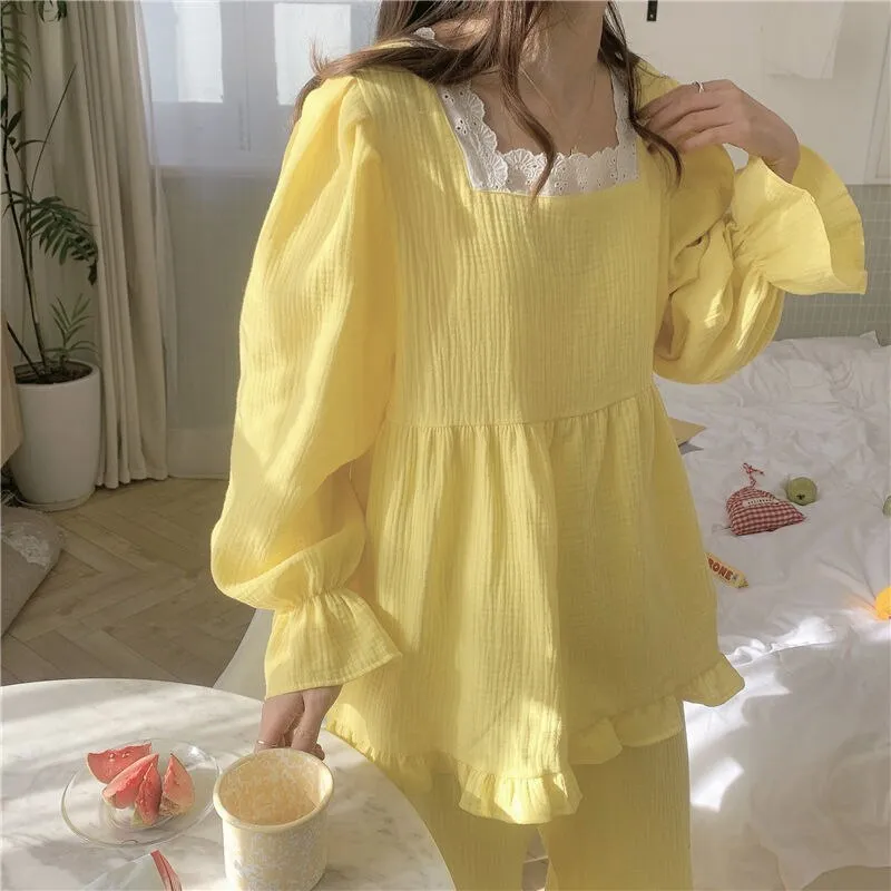 Joskaa Christmas Gift Pajama Sets Women Korean Loose Casual Long Sleeve Sleepwear Ruffles Sweet Soft High Quality Womens Homewear Tender Solid Chic