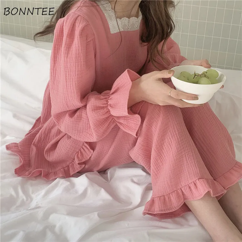 Joskaa Christmas Gift Pajama Sets Women Korean Loose Casual Long Sleeve Sleepwear Ruffles Sweet Soft High Quality Womens Homewear Tender Solid Chic