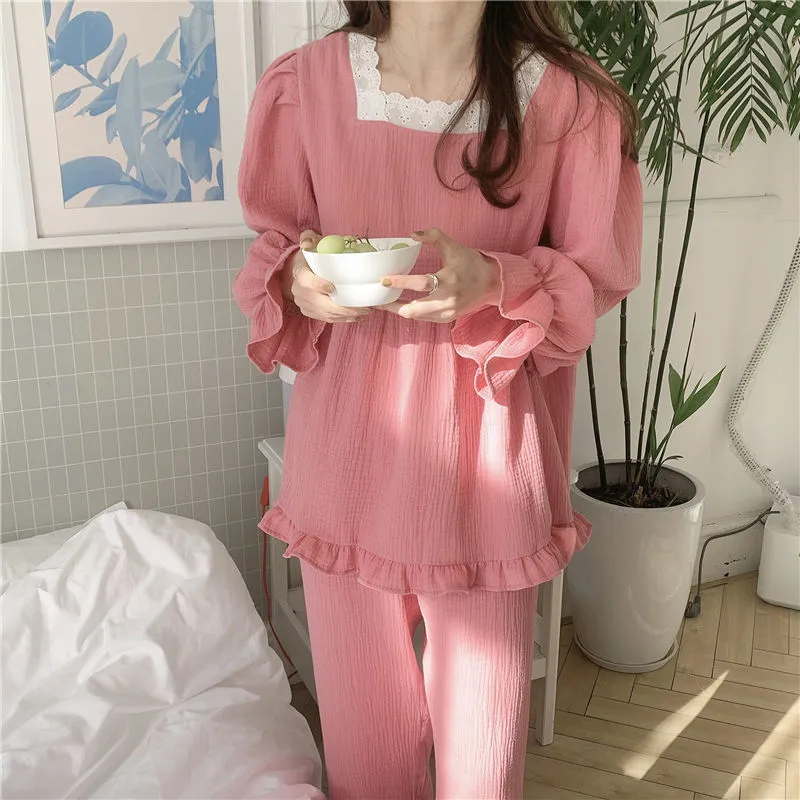 Joskaa Christmas Gift Pajama Sets Women Korean Loose Casual Long Sleeve Sleepwear Ruffles Sweet Soft High Quality Womens Homewear Tender Solid Chic