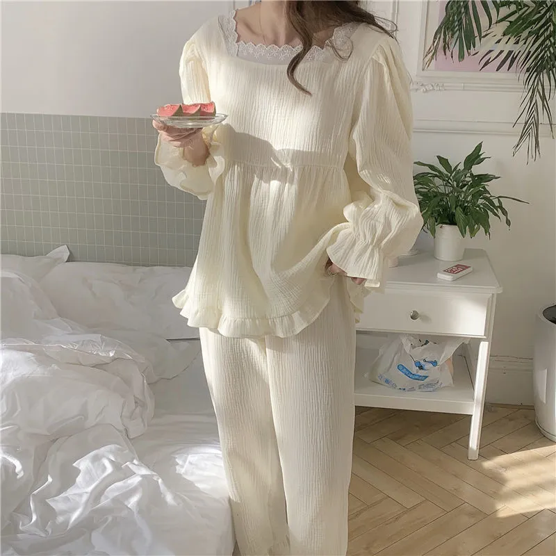 Joskaa Christmas Gift Pajama Sets Women Korean Loose Casual Long Sleeve Sleepwear Ruffles Sweet Soft High Quality Womens Homewear Tender Solid Chic