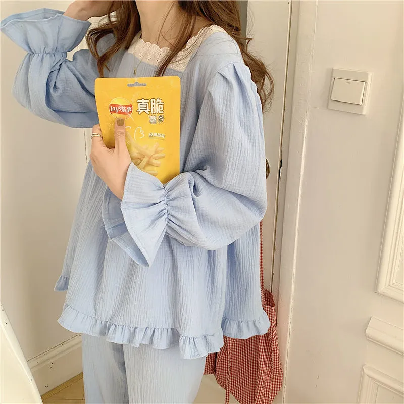 Joskaa Christmas Gift Pajama Sets Women Korean Loose Casual Long Sleeve Sleepwear Ruffles Sweet Soft High Quality Womens Homewear Tender Solid Chic