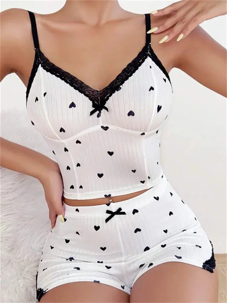 JuliaFashion - V Neck Sexy Heart Print Camis Sleepwear Suits