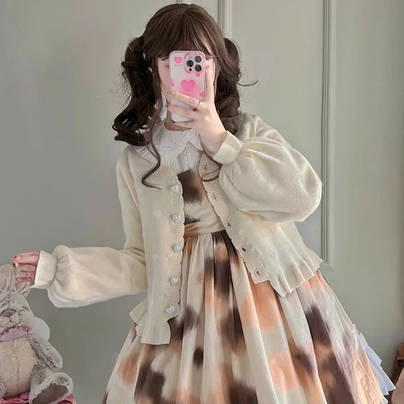 Kawaii Sweet Lolita Coquette Dollette Aesthetic Pastel Heart Print Cardigan