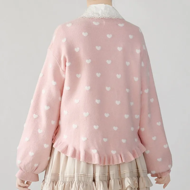 Kawaii Sweet Lolita Coquette Dollette Aesthetic Pastel Heart Print Cardigan