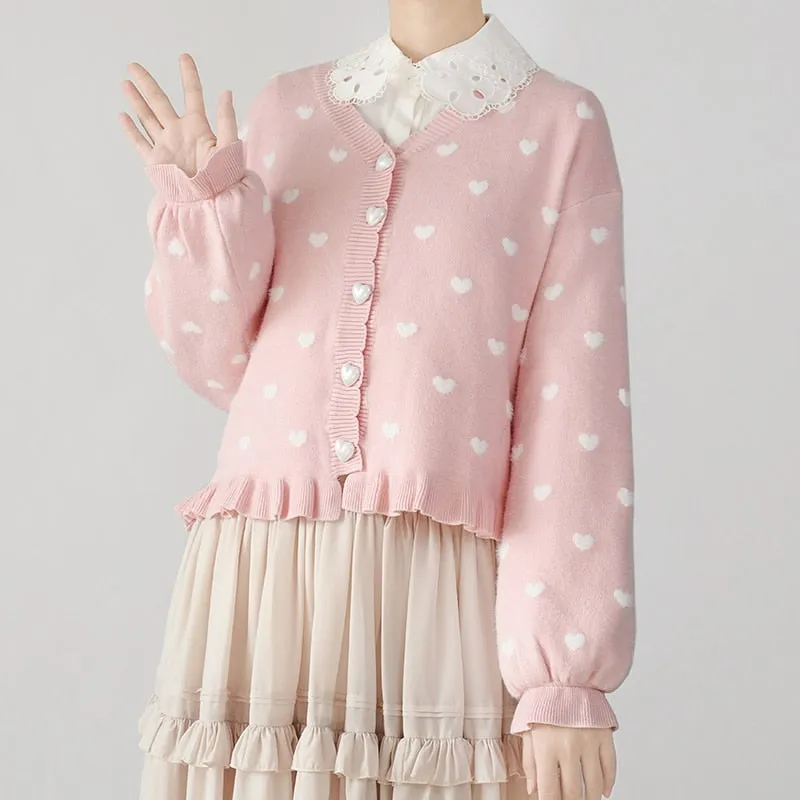 Kawaii Sweet Lolita Coquette Dollette Aesthetic Pastel Heart Print Cardigan