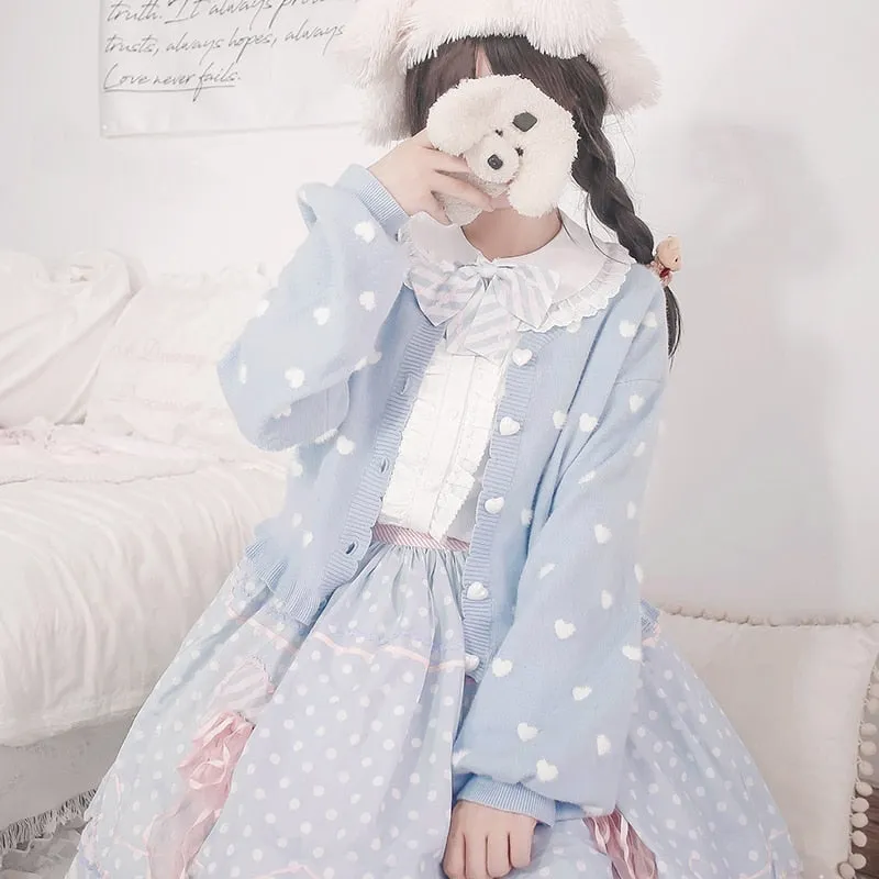 Kawaii Sweet Lolita Coquette Dollette Aesthetic Pastel Heart Print Cardigan
