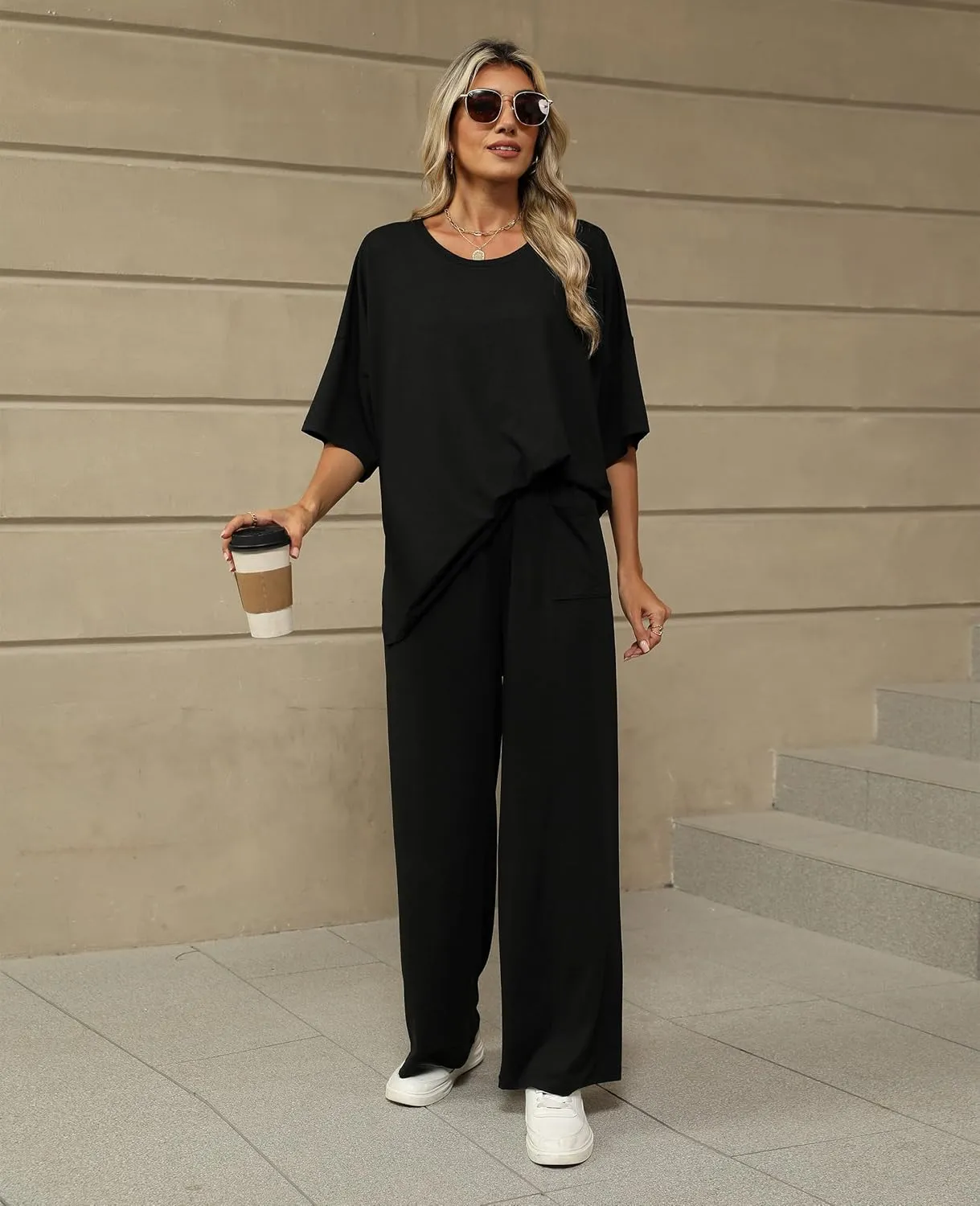 KevaMolly 2 Piece Lounge Set for Women Postpartum Oversized Tops and Wide Leg Pants Soft Comfy Pajamas Set 2 Piece Outfits