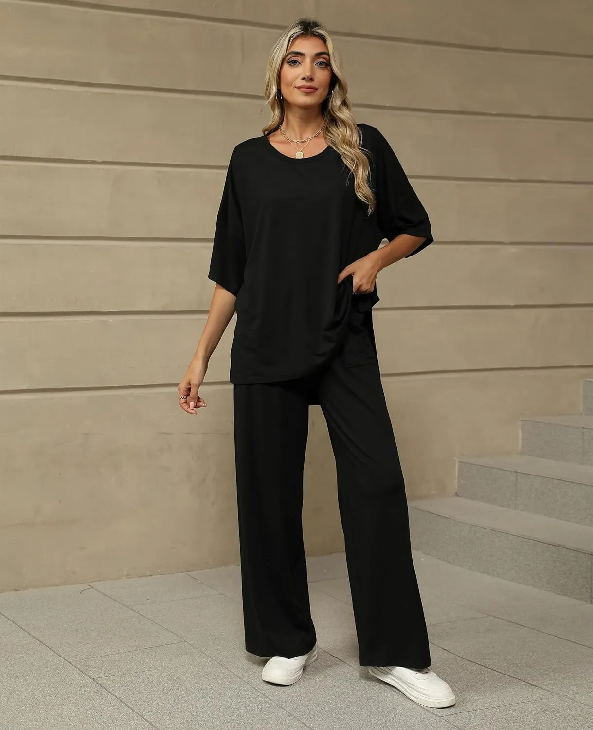 KevaMolly 2 Piece Lounge Set for Women Postpartum Oversized Tops and Wide Leg Pants Soft Comfy Pajamas Set 2 Piece Outfits