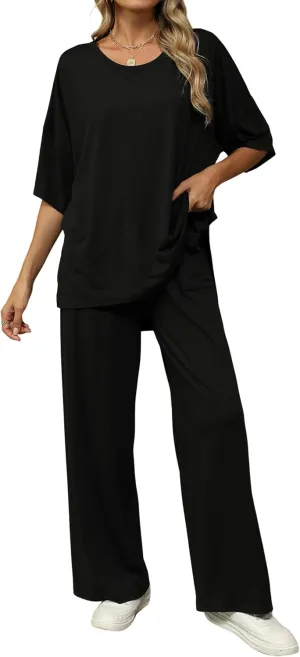KevaMolly 2 Piece Lounge Set for Women Postpartum Oversized Tops and Wide Leg Pants Soft Comfy Pajamas Set 2 Piece Outfits