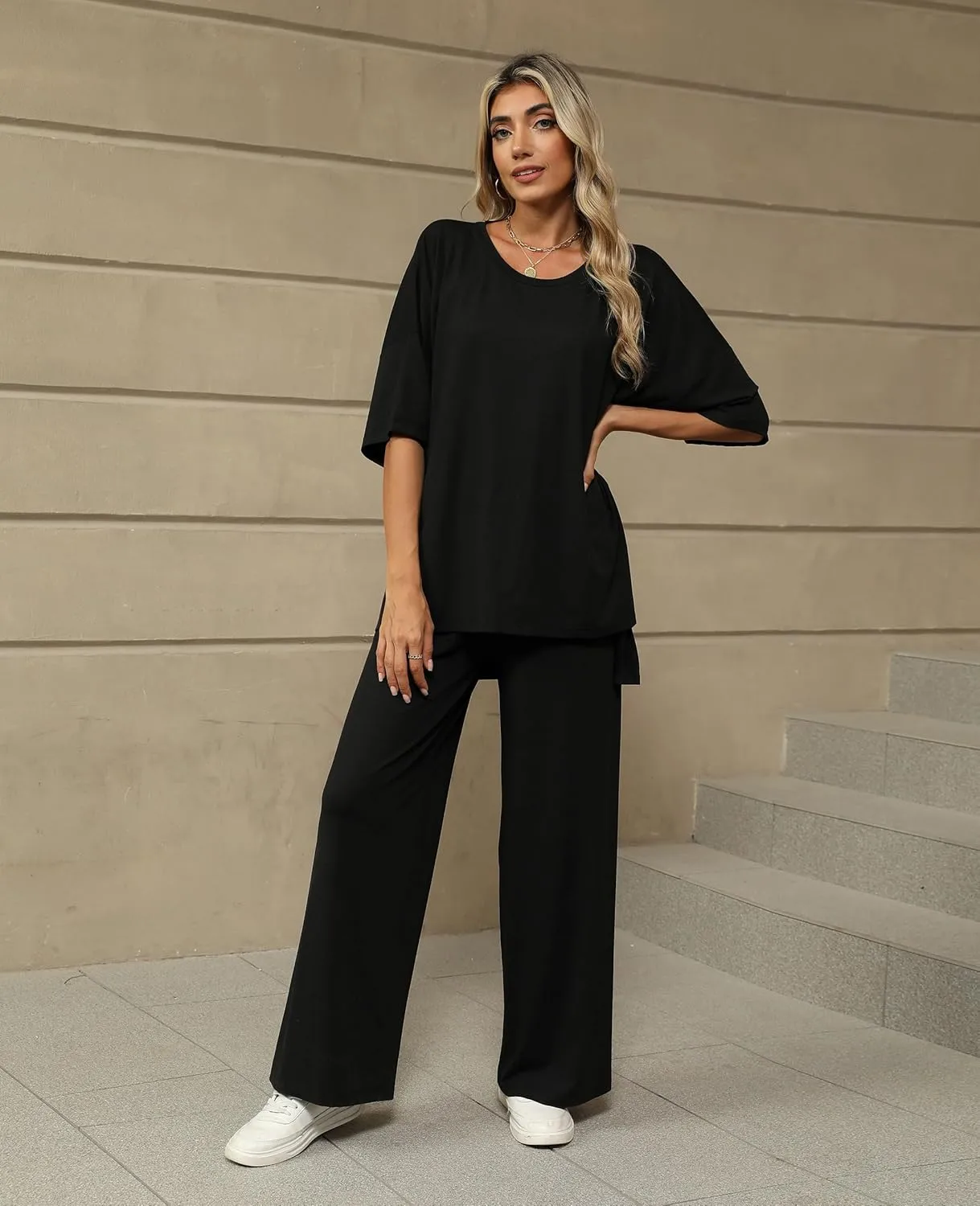 KevaMolly 2 Piece Lounge Set for Women Postpartum Oversized Tops and Wide Leg Pants Soft Comfy Pajamas Set 2 Piece Outfits