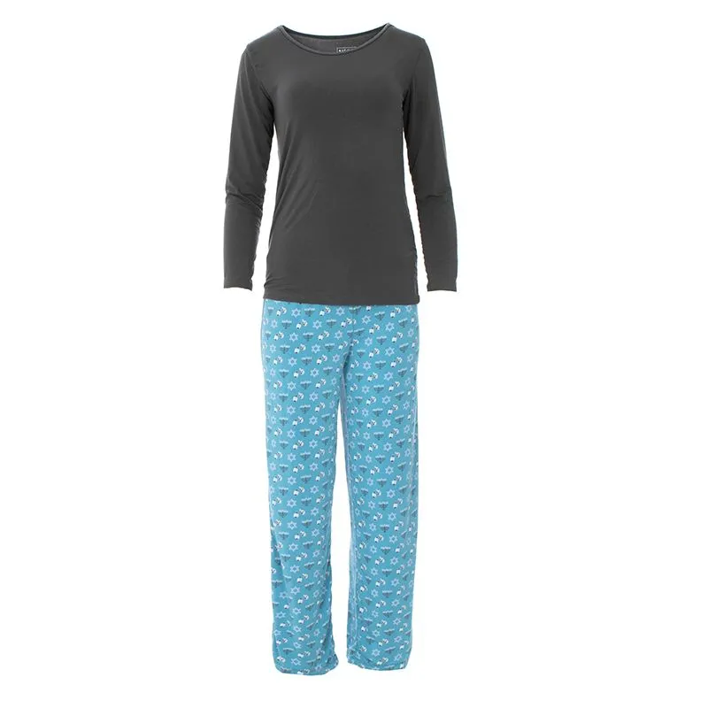 Kickee Pants Women's Long Sleeve Loosey Goosey Tee & Pants Set - Blue Moon Hanukkah