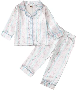 Kids Baby Girls Satin Pajamas Set Valentines Heart Print Pajamas Button Shirt Pj Pants Toddler 2 Piece Pjs Sleepwear