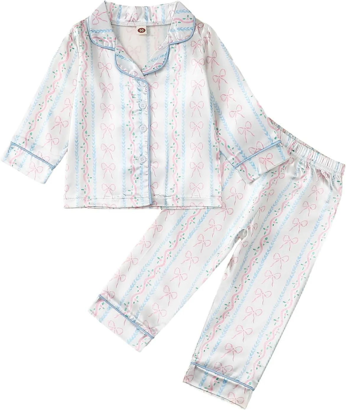 Kids Baby Girls Satin Pajamas Set Valentines Heart Print Pajamas Button Shirt Pj Pants Toddler 2 Piece Pjs Sleepwear