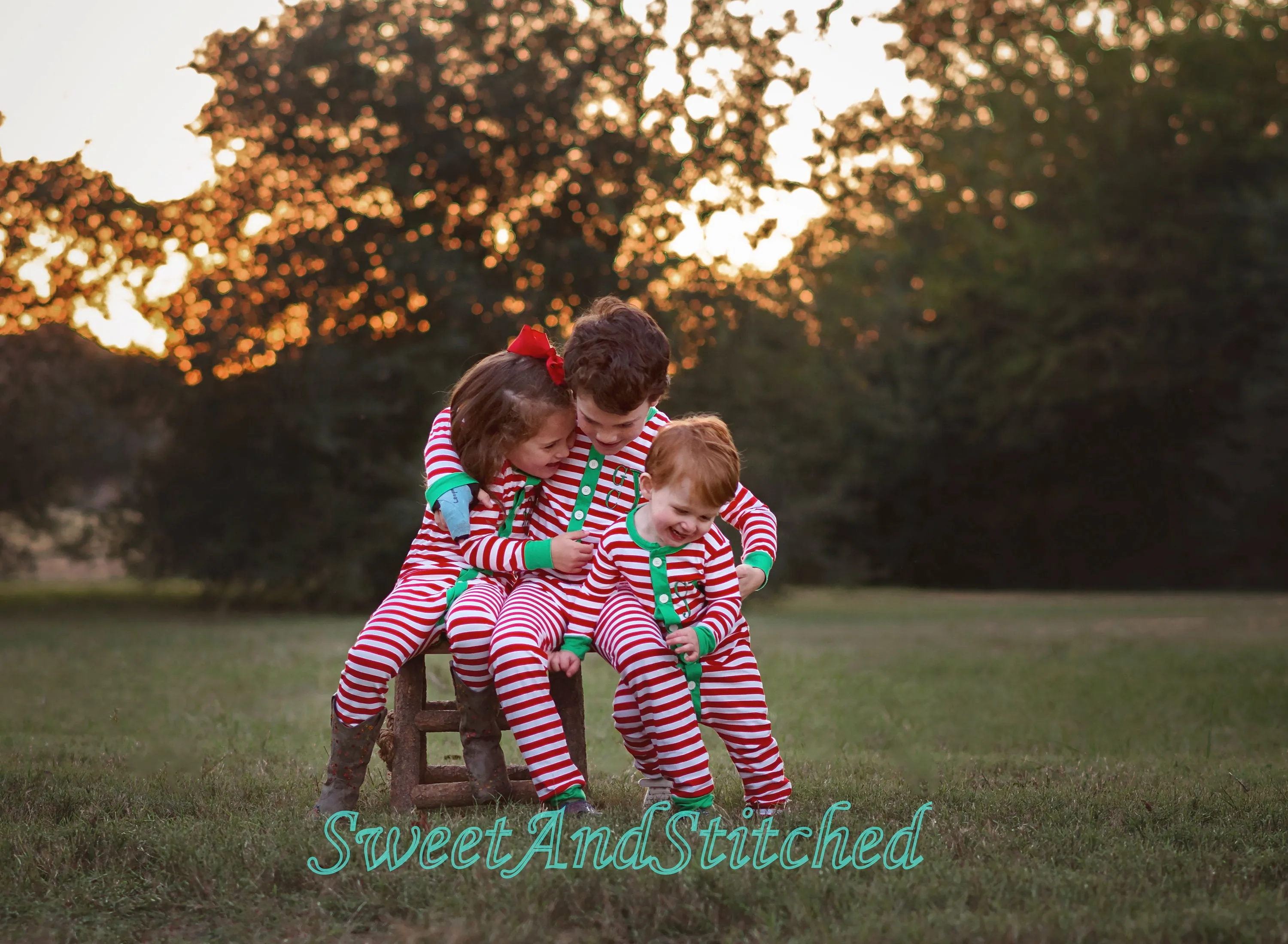 Kids monogrammed Christmas Pajamas (pjs, jammies) with faux butt flap