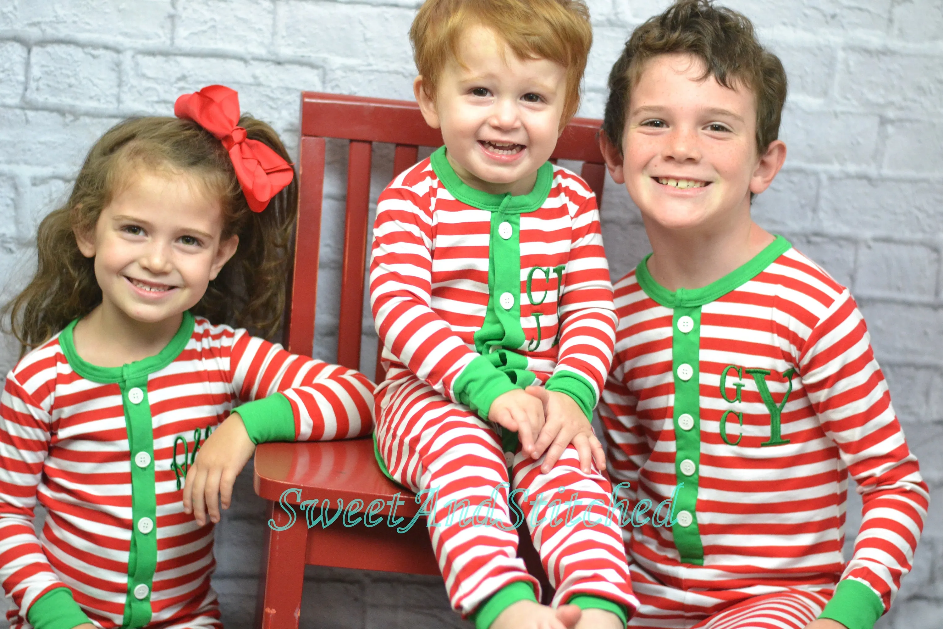 Kids monogrammed Christmas Pajamas (pjs, jammies) with faux butt flap