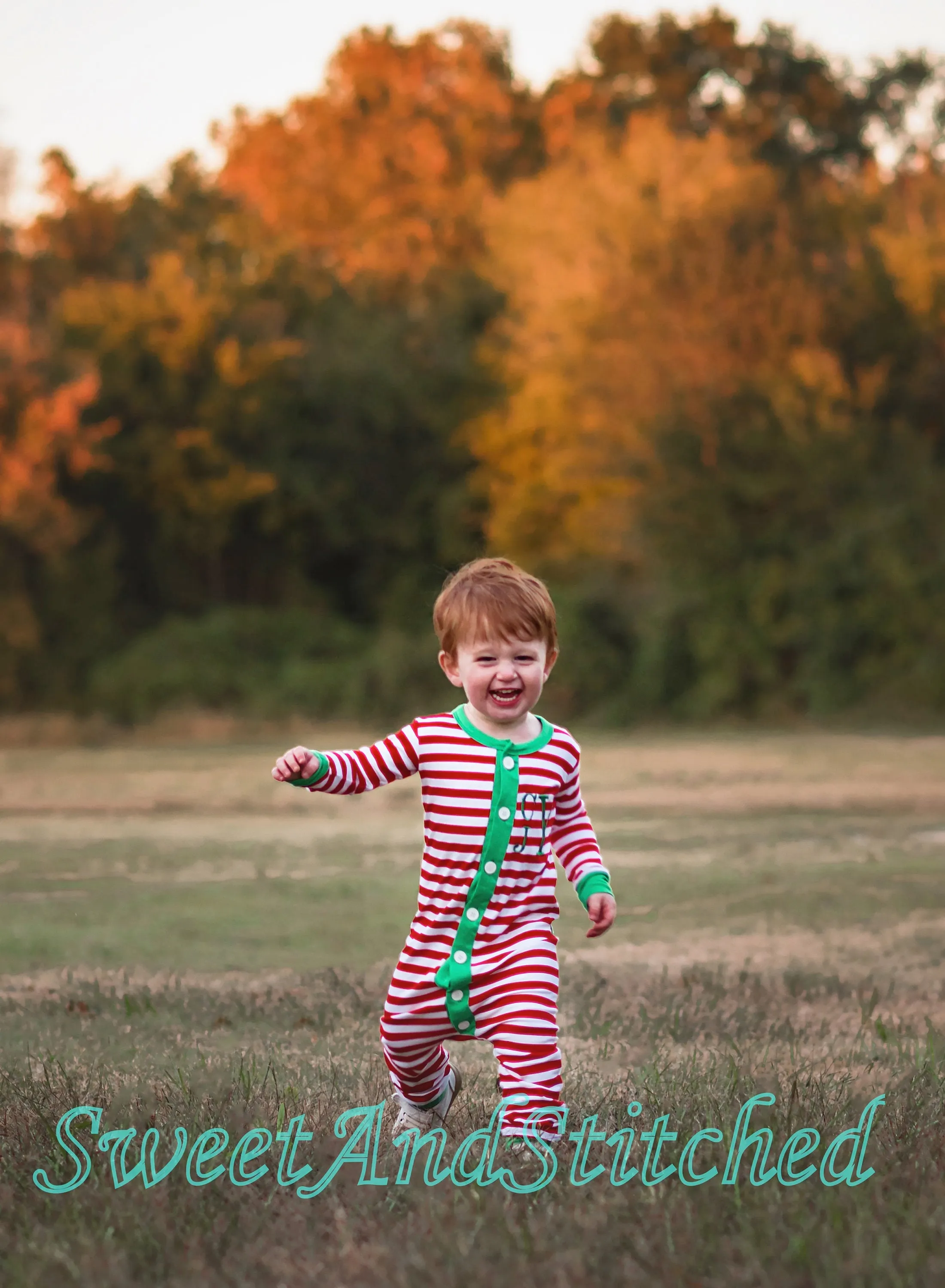 Kids monogrammed Christmas Pajamas (pjs, jammies) with faux butt flap