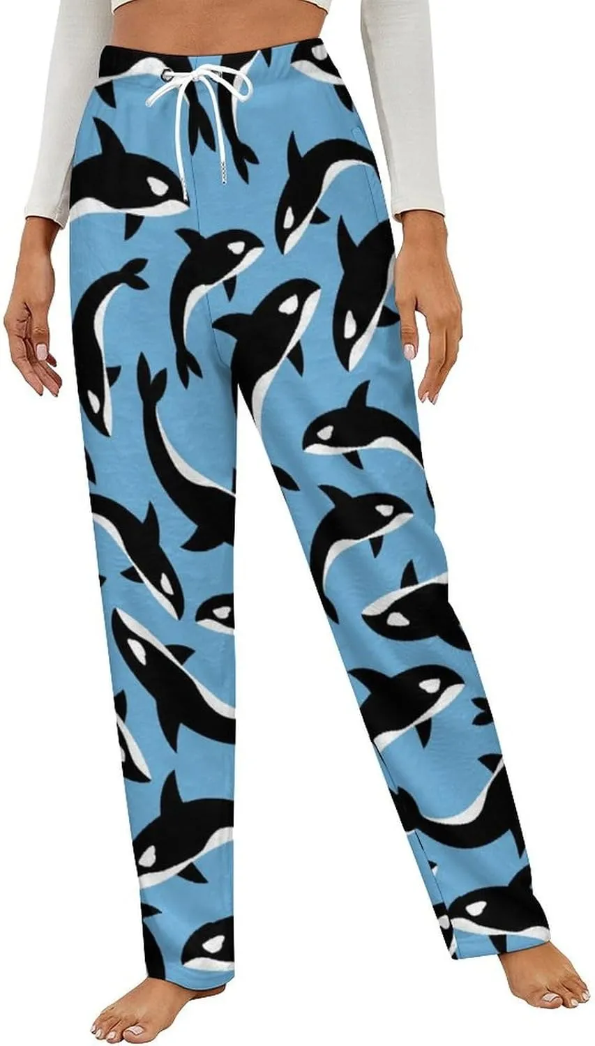 Killer Whales Orca Pattern Women's Flannel Pajama Pants Fleece Lounge Sleep Bottoms PJ