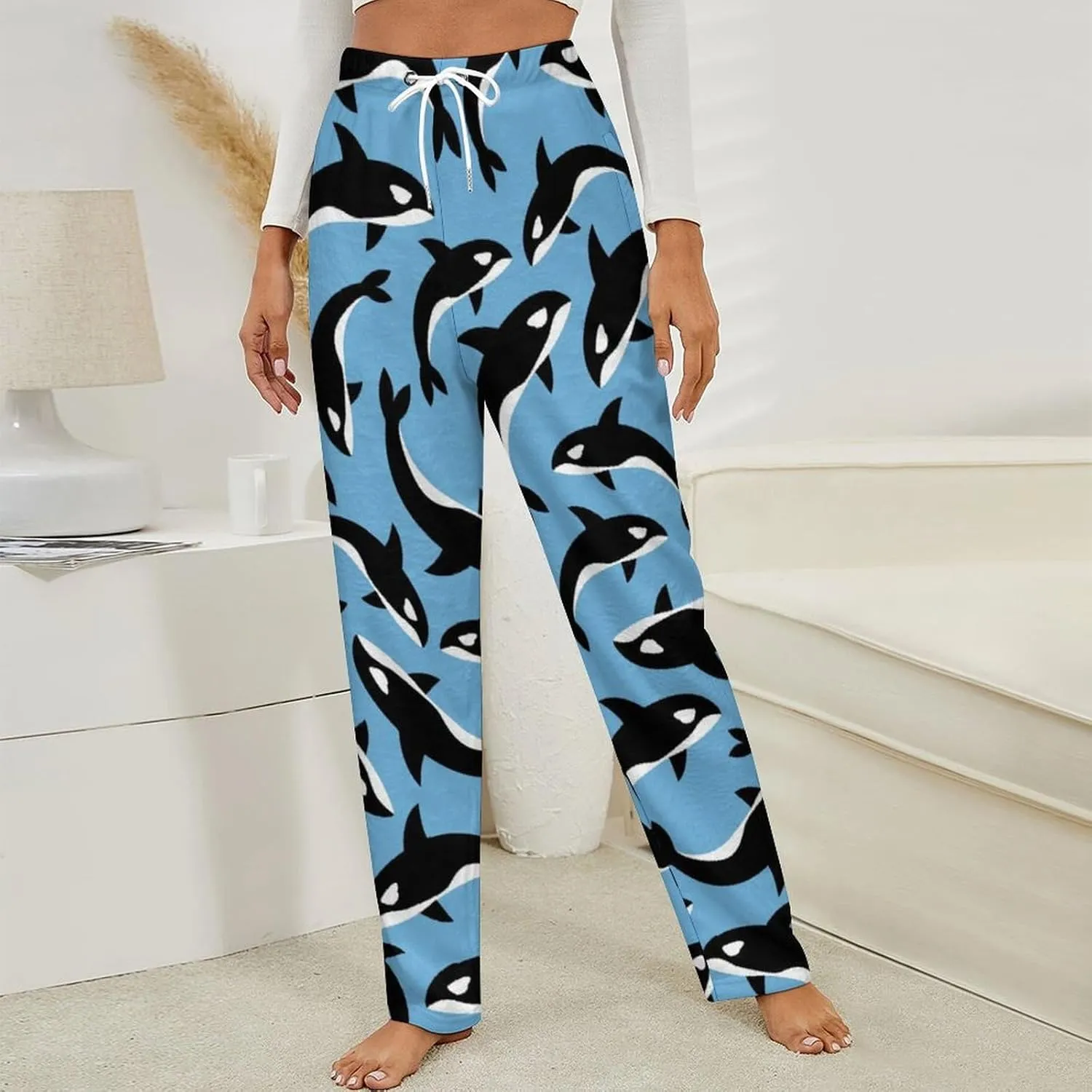 Killer Whales Orca Pattern Women's Flannel Pajama Pants Fleece Lounge Sleep Bottoms PJ