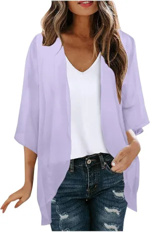 Kimono Cardigan for Women Ladies Summer Lightweight Puff Sleeve Cover Up Casual Tops Beach Clothes
