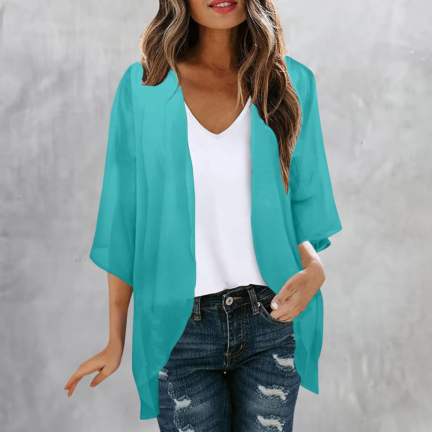 Kimono Cardigan for Women Ladies Summer Lightweight Puff Sleeve Cover Up Casual Tops Beach Clothes