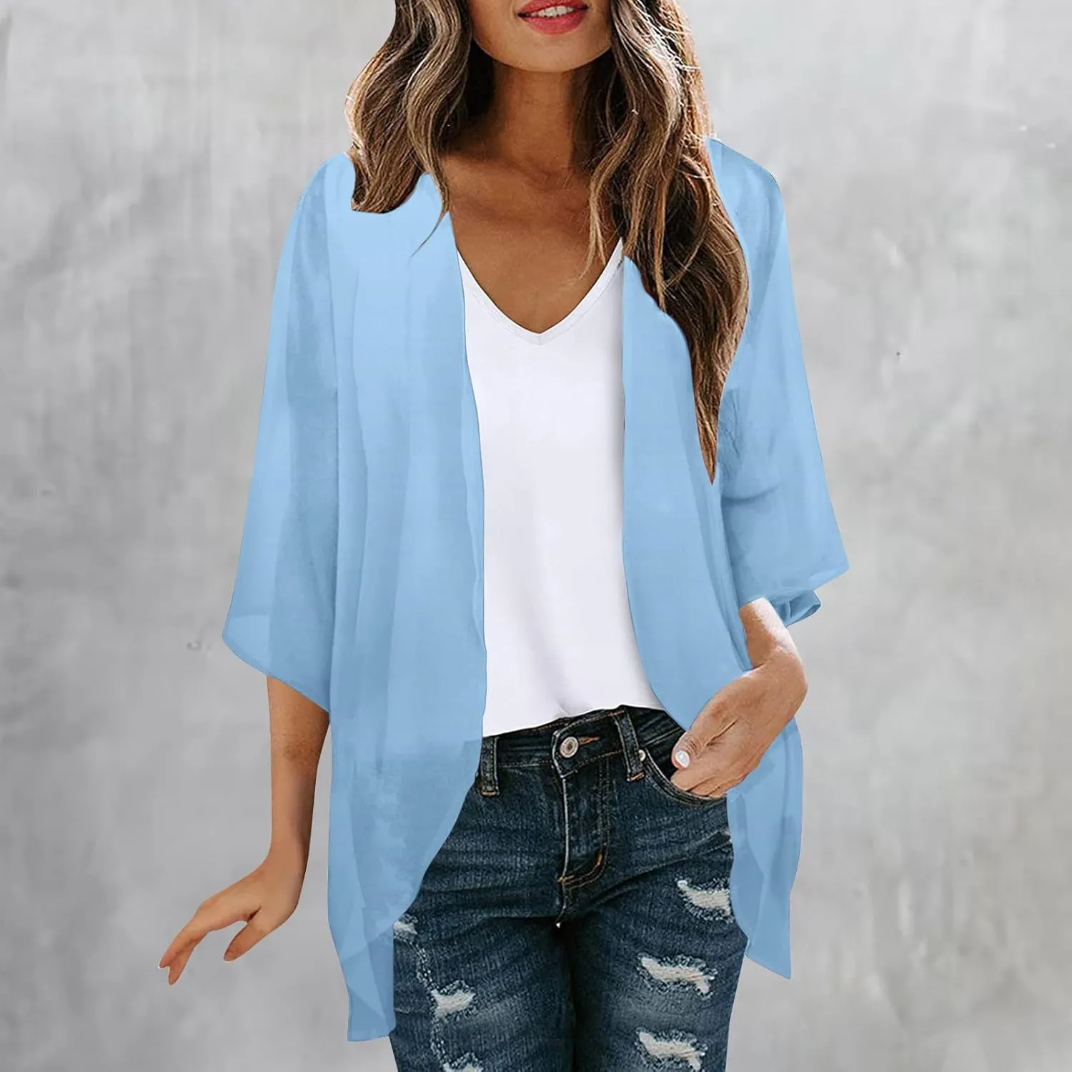 Kimono Cardigan for Women Ladies Summer Lightweight Puff Sleeve Cover Up Casual Tops Beach Clothes
