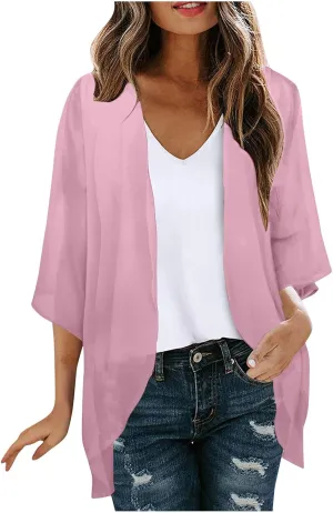 Kimono Cardigan for Women Ladies Summer Lightweight Puff Sleeve Cover Up Casual Tops Beach Clothes