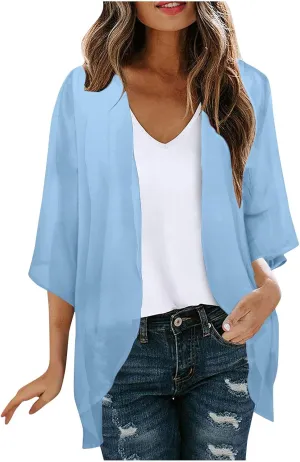 Kimono Cardigan for Women Ladies Summer Lightweight Puff Sleeve Cover Up Casual Tops Beach Clothes