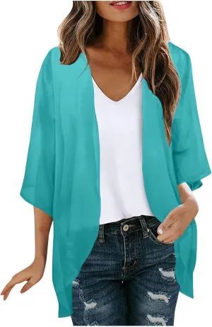 Kimono Cardigan for Women Ladies Summer Lightweight Puff Sleeve Cover Up Casual Tops Beach Clothes