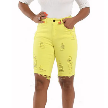Knee Length Curvy Women's Ripped Frayed Denim Bermuda Shorts
