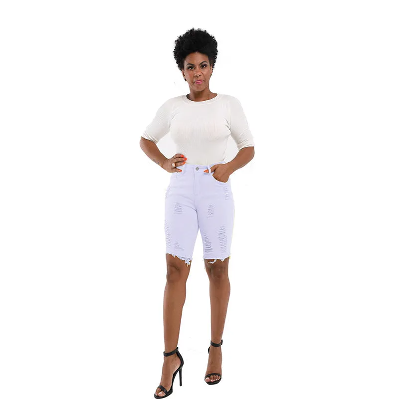Knee Length Curvy Women's Ripped Frayed Denim Bermuda Shorts