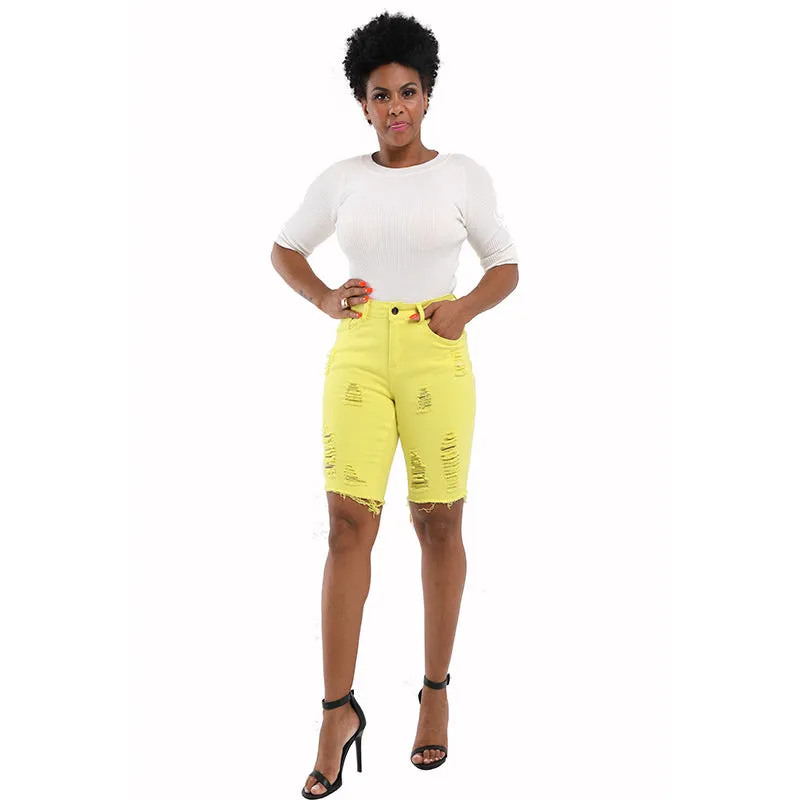 Knee Length Curvy Women's Ripped Frayed Denim Bermuda Shorts