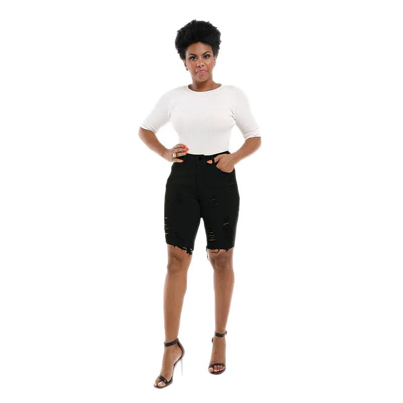 Knee Length Curvy Women's Ripped Frayed Denim Bermuda Shorts