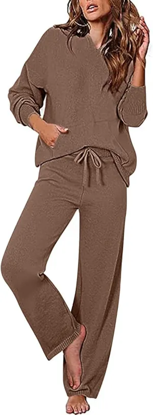 Knit Loungewear for Women 2 Piece Fashion Sweater Sets Ribbed Pullover Tops and Wide Leg Pants Matching Lounge Sets