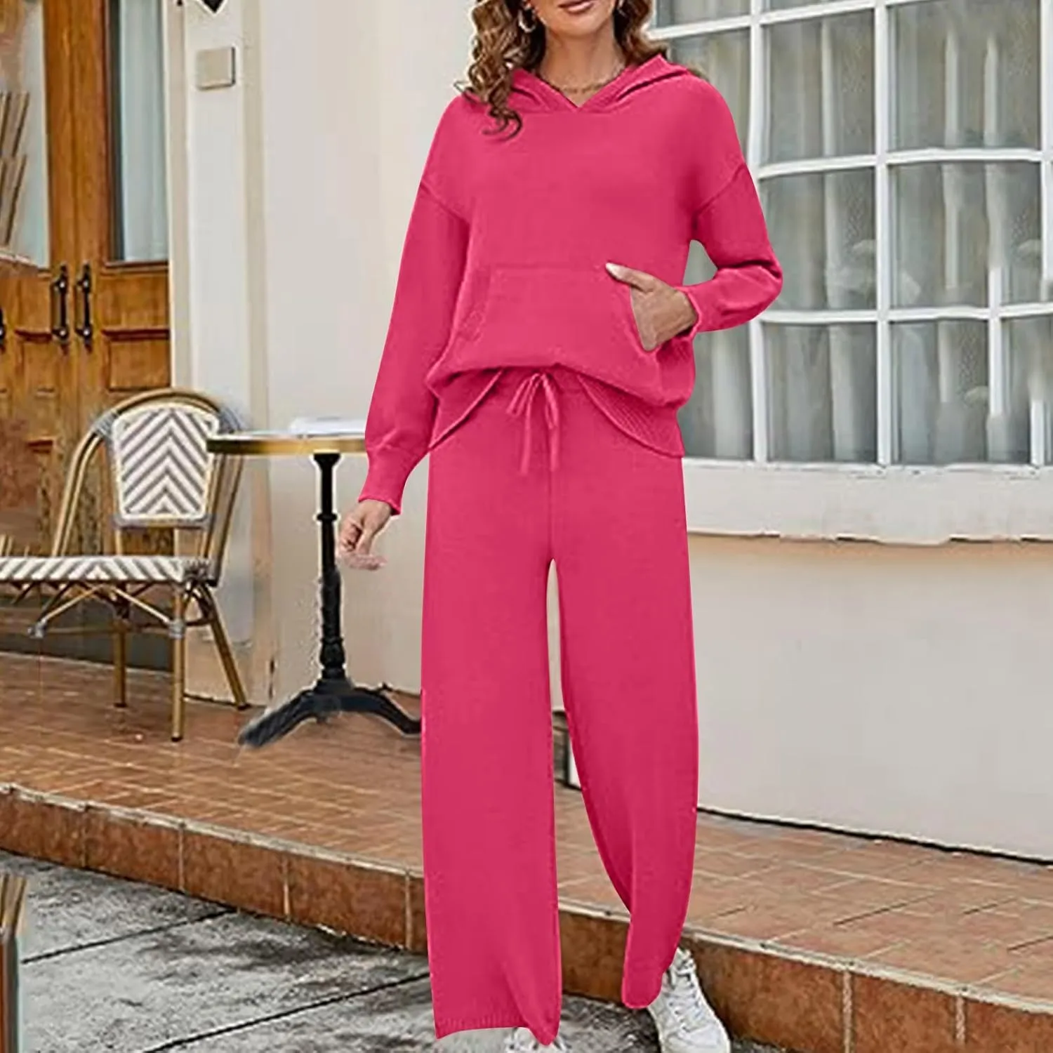 Knit Loungewear for Women 2 Piece Fashion Sweater Sets Ribbed Pullover Tops and Wide Leg Pants Matching Lounge Sets