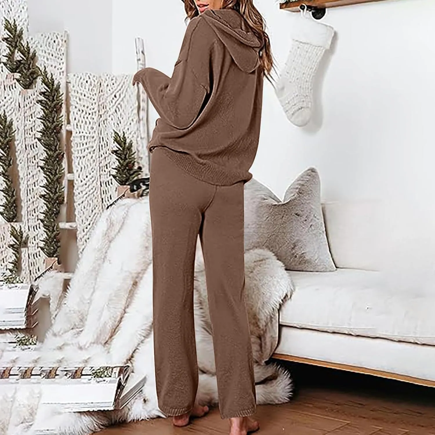 Knit Loungewear for Women 2 Piece Fashion Sweater Sets Ribbed Pullover Tops and Wide Leg Pants Matching Lounge Sets