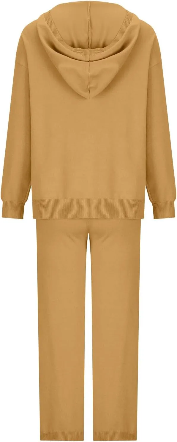 Knit Loungewear for Women 2 Piece Fashion Sweater Sets Ribbed Pullover Tops and Wide Leg Pants Matching Lounge Sets