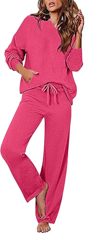 Knit Loungewear for Women 2 Piece Fashion Sweater Sets Ribbed Pullover Tops and Wide Leg Pants Matching Lounge Sets