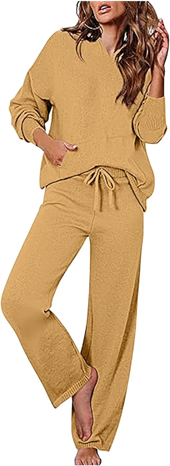Knit Loungewear for Women 2 Piece Fashion Sweater Sets Ribbed Pullover Tops and Wide Leg Pants Matching Lounge Sets