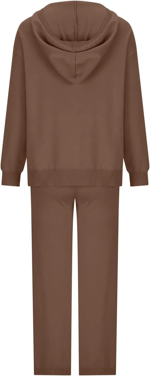 Knit Loungewear for Women 2 Piece Fashion Sweater Sets Ribbed Pullover Tops and Wide Leg Pants Matching Lounge Sets
