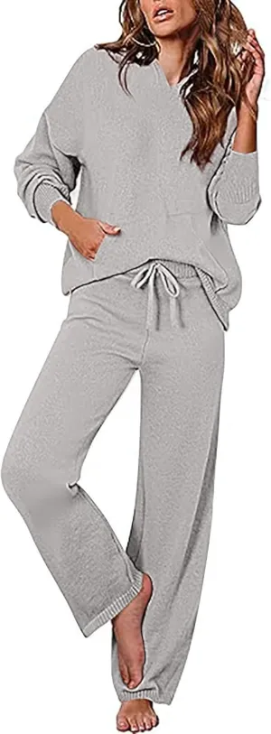 Knit Loungewear for Women 2 Piece Fashion Sweater Sets Ribbed Pullover Tops and Wide Leg Pants Matching Lounge Sets