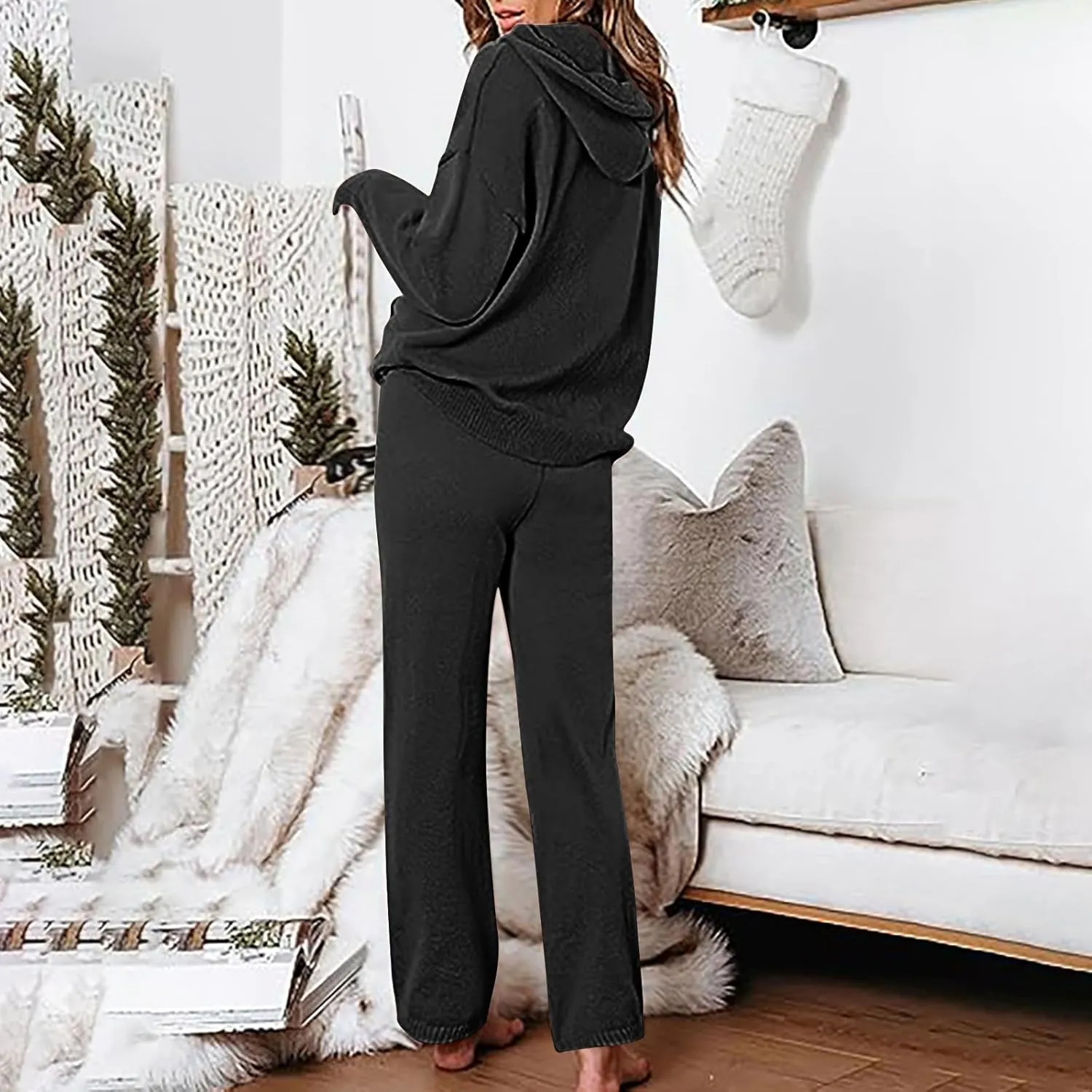 Knit Loungewear for Women 2 Piece Fashion Sweater Sets Ribbed Pullover Tops and Wide Leg Pants Matching Lounge Sets