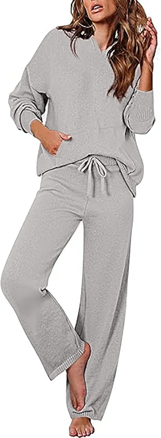 Knit Loungewear for Women 2 Piece Fashion Sweater Sets Ribbed Pullover Tops and Wide Leg Pants Matching Lounge Sets