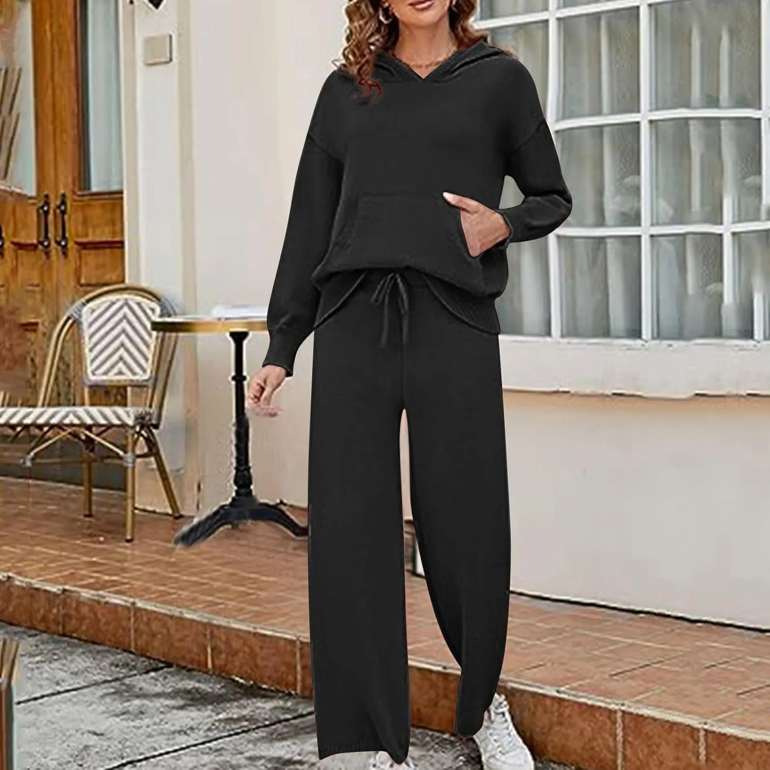 Knit Loungewear for Women 2 Piece Fashion Sweater Sets Ribbed Pullover Tops and Wide Leg Pants Matching Lounge Sets