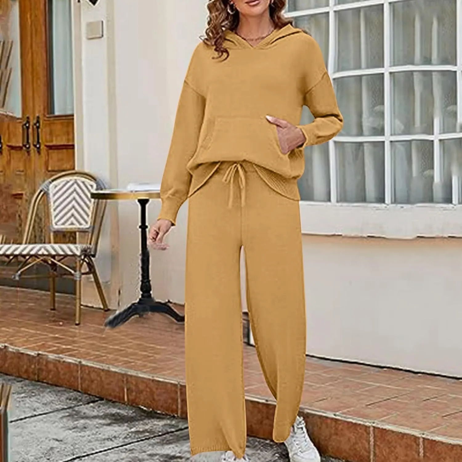 Knit Loungewear for Women 2 Piece Fashion Sweater Sets Ribbed Pullover Tops and Wide Leg Pants Matching Lounge Sets