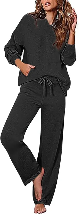Knit Loungewear for Women 2 Piece Fashion Sweater Sets Ribbed Pullover Tops and Wide Leg Pants Matching Lounge Sets