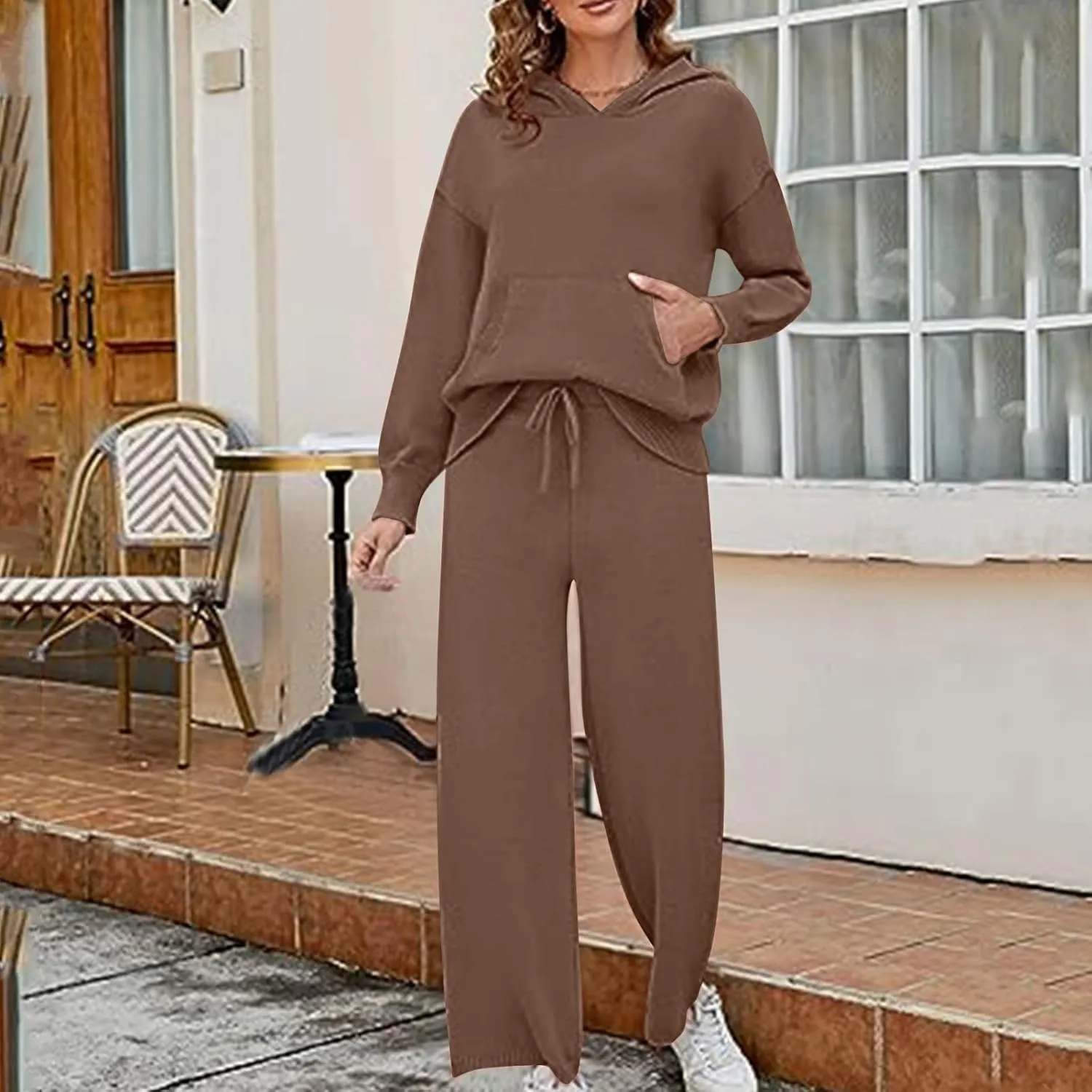 Knit Loungewear for Women 2 Piece Fashion Sweater Sets Ribbed Pullover Tops and Wide Leg Pants Matching Lounge Sets