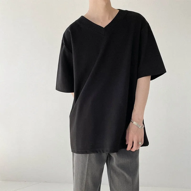 [Korean Style] 2 Colors Oversize Solid V-neck T-shirts