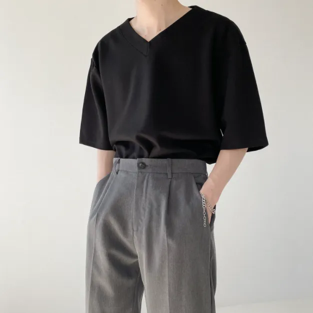 [Korean Style] 2 Colors Oversize Solid V-neck T-shirts