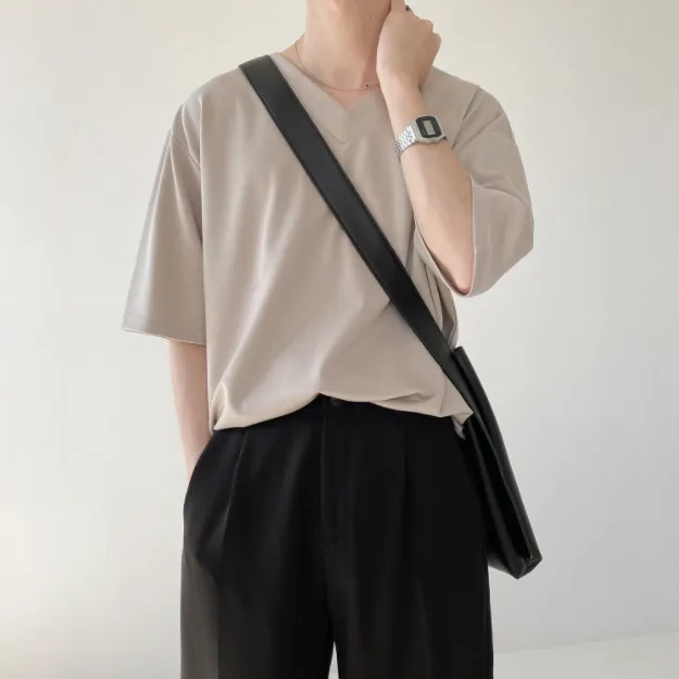 [Korean Style] 2 Colors Oversize Solid V-neck T-shirts